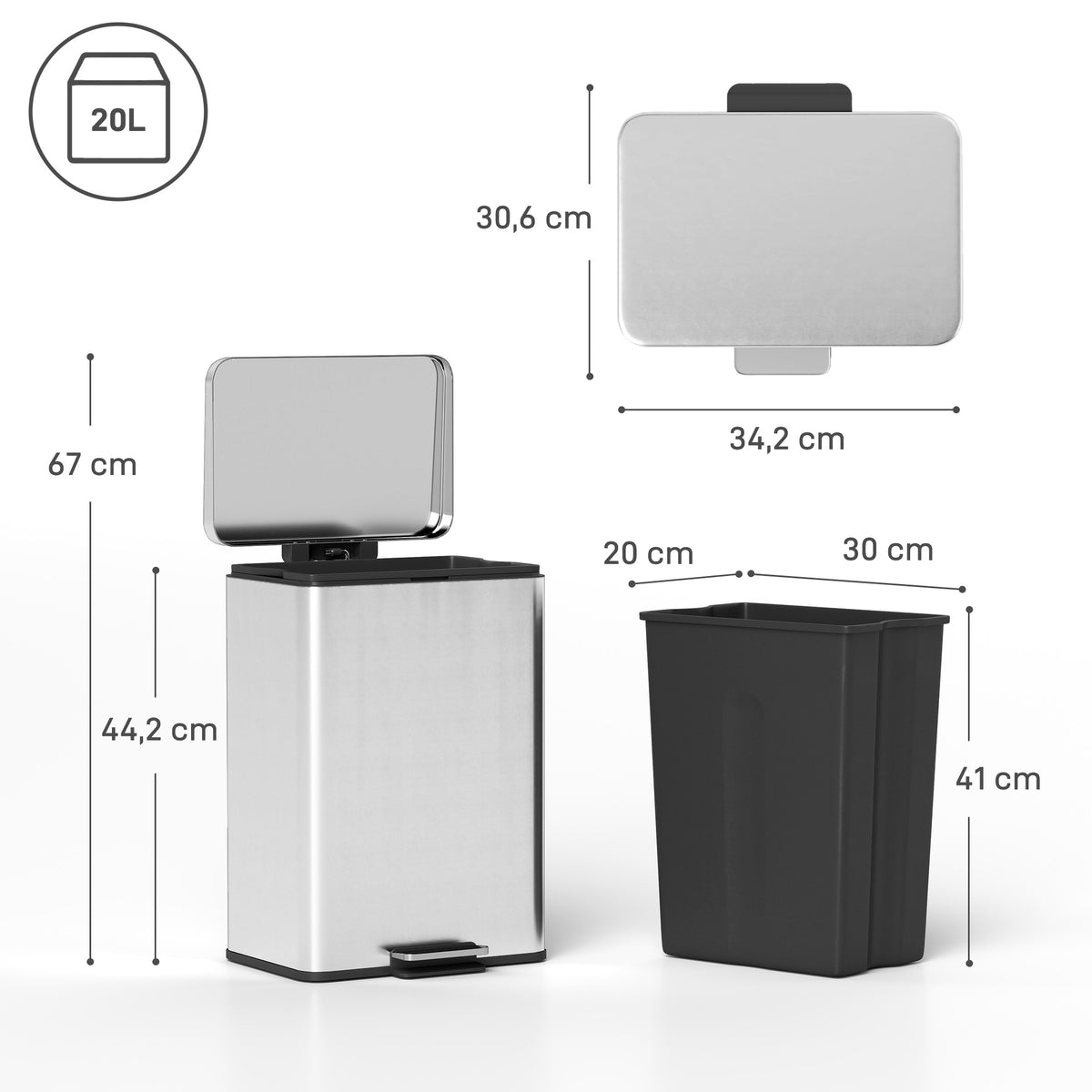 M¨¹lleimer 20 L Treteimer mit Softclose-Deckel, Pedal, abnehmbar Inneneimer Silber, 34,2 x 30,6 x 44,2 cm
