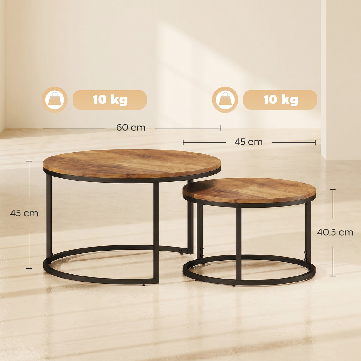 Rundes Couchtisch-Set, 2-teilig, Industrielle Beistelltische mit Metallrahmen für Wohnzimmer und Schlafzimmer, Braun