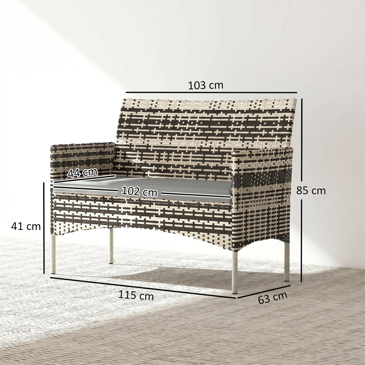 2-Sitzer Rattan Gartensofa PE-Rattan Outdoor-Terrassen-Sofa mit Polster, Anti-Rutsch-Matten, Stahlrahmen, Hellgrau