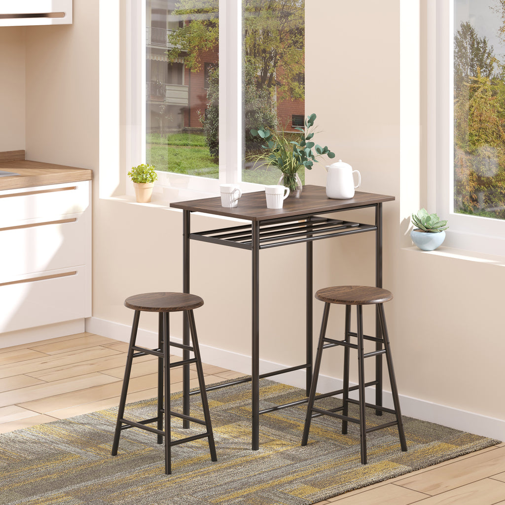 Bargarnitur, 3-teilig, Tisch & 2 Hocker, Regal, Industrie-Design, Schwarz/Eiche