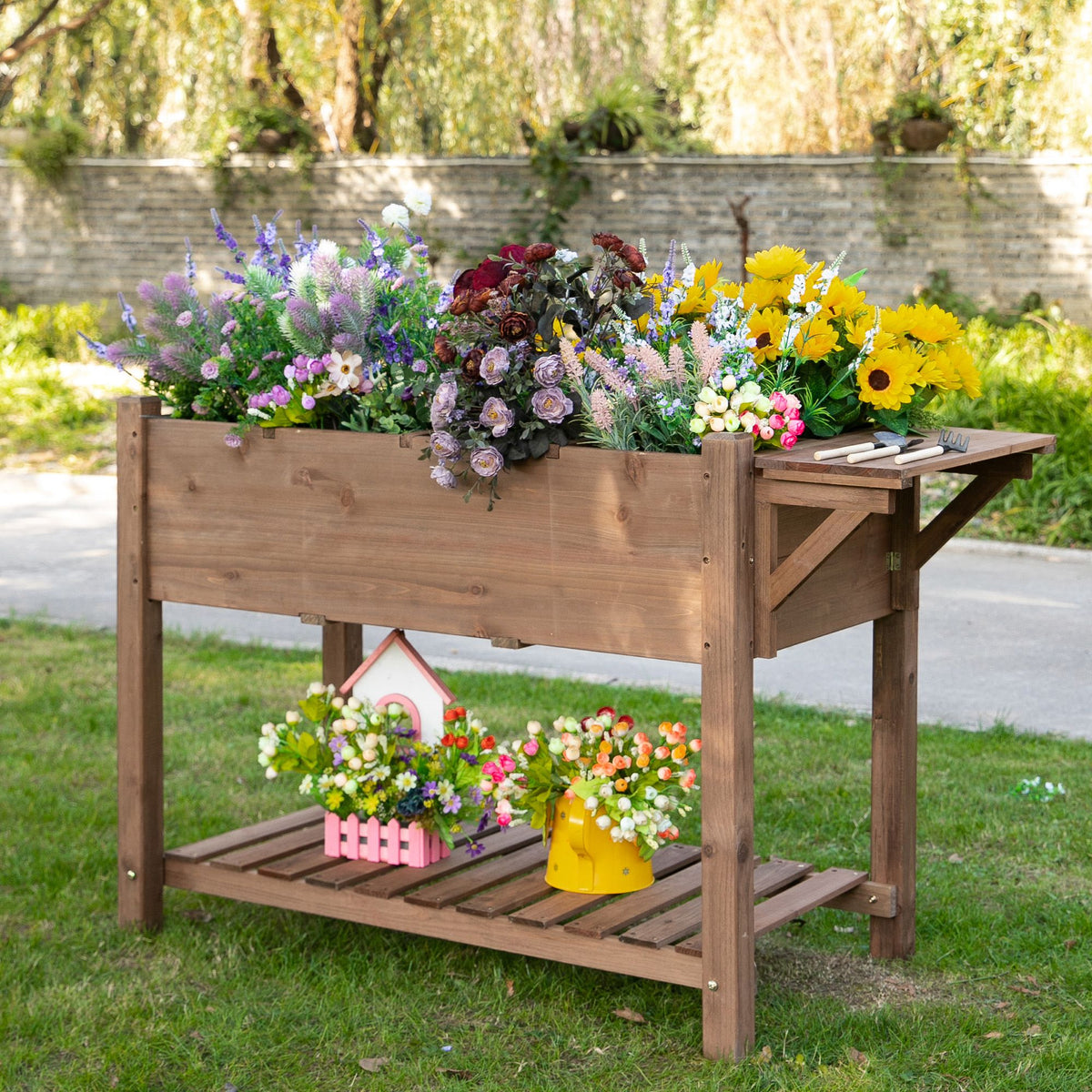 Wooden Raised Garden Plant Stand Tall Flower Bed with Shelf 123 x 54 x 80cm