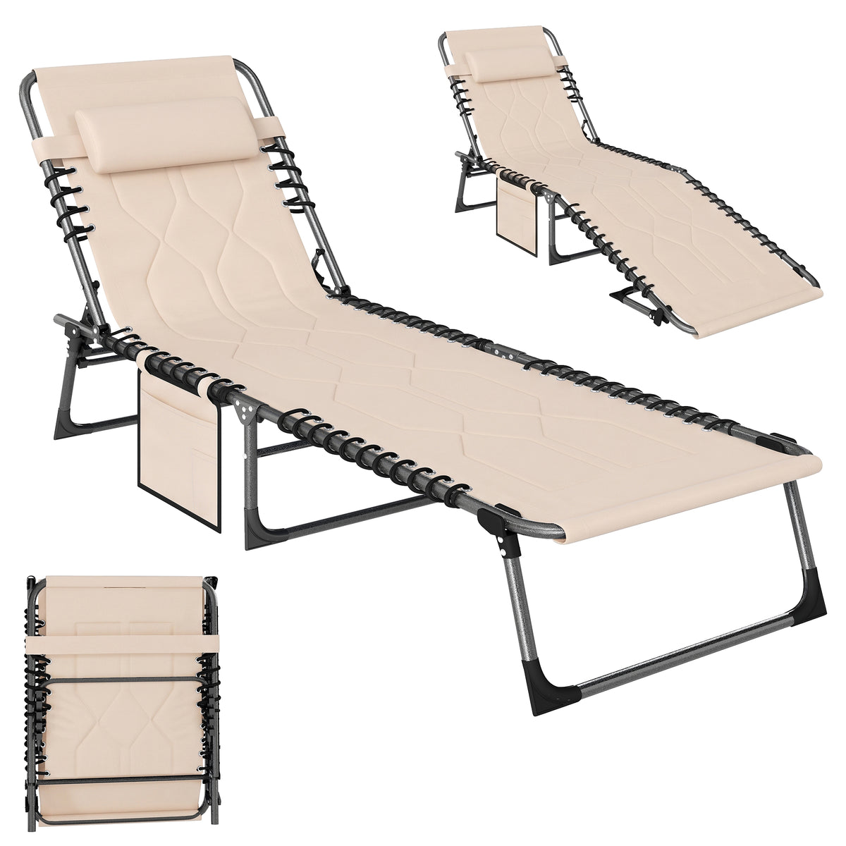 Sonnenliege, Faltbare Gartenliege, Klappliege mit Kissen, 5-stufige R¨¹ckenlehne, Oxfordstoff, 188 x 57 x 30 cm, Beige