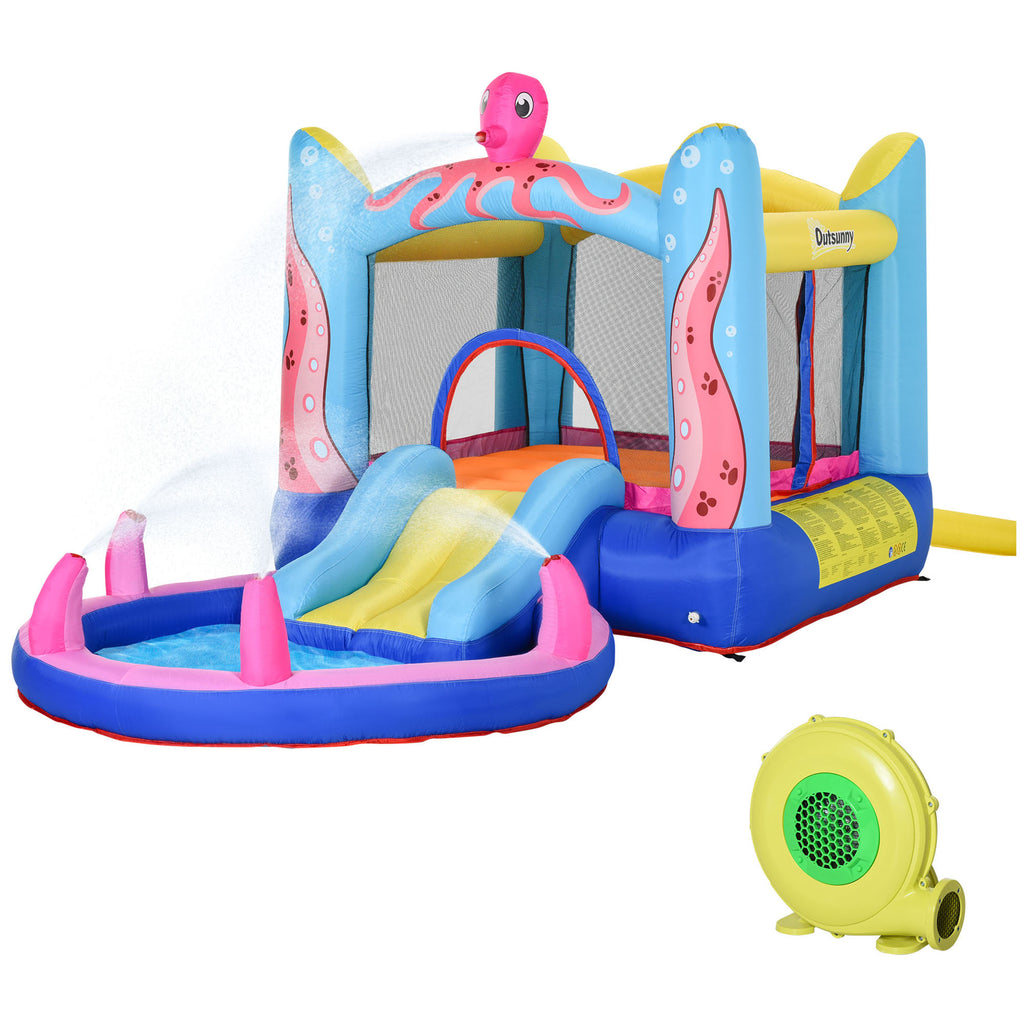 Selbstaufblasende Hüpfburg inkl. Gebläse, Flicken, 1 Trampolin, 1 Wasserbecken, 1 Rutsche, 360 x 175 x 180 cm