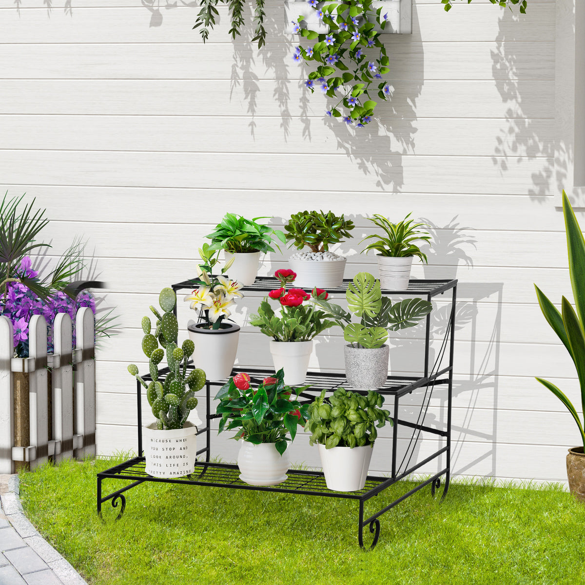 Blumenständer Blumenregal aus Metall 3 Stufen Pflanzenregal Blumentreppe für innen und außen Garten Balkon Schwarz 95 x 63 x 72 cm
