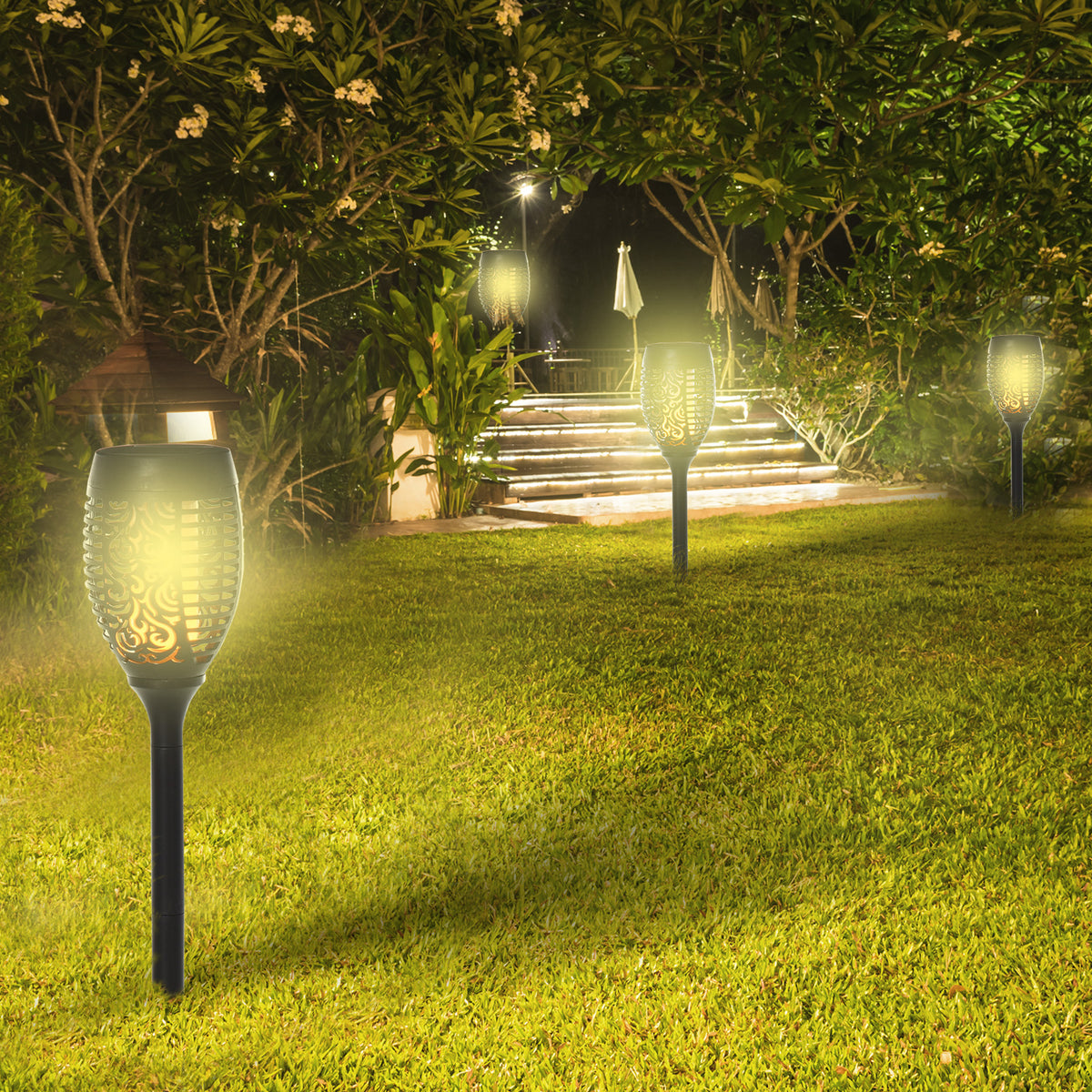  Gartenbeleuchtung 4 Stück Solar LED Warmweiß Gartenstrahler mit Erdspieß Stecker IP44 Wasserdichter Gartenleuchte Solar Gartenlampe für Draußen Garten Rasen, Hof