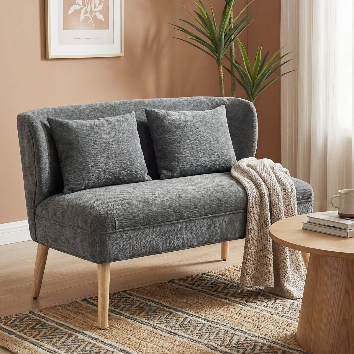 2-Sitzer-Sofa, kleines Chenille-Sofa mit Flügelrücken, dickem Sitz, Gummibaumholzfüßen, Grau