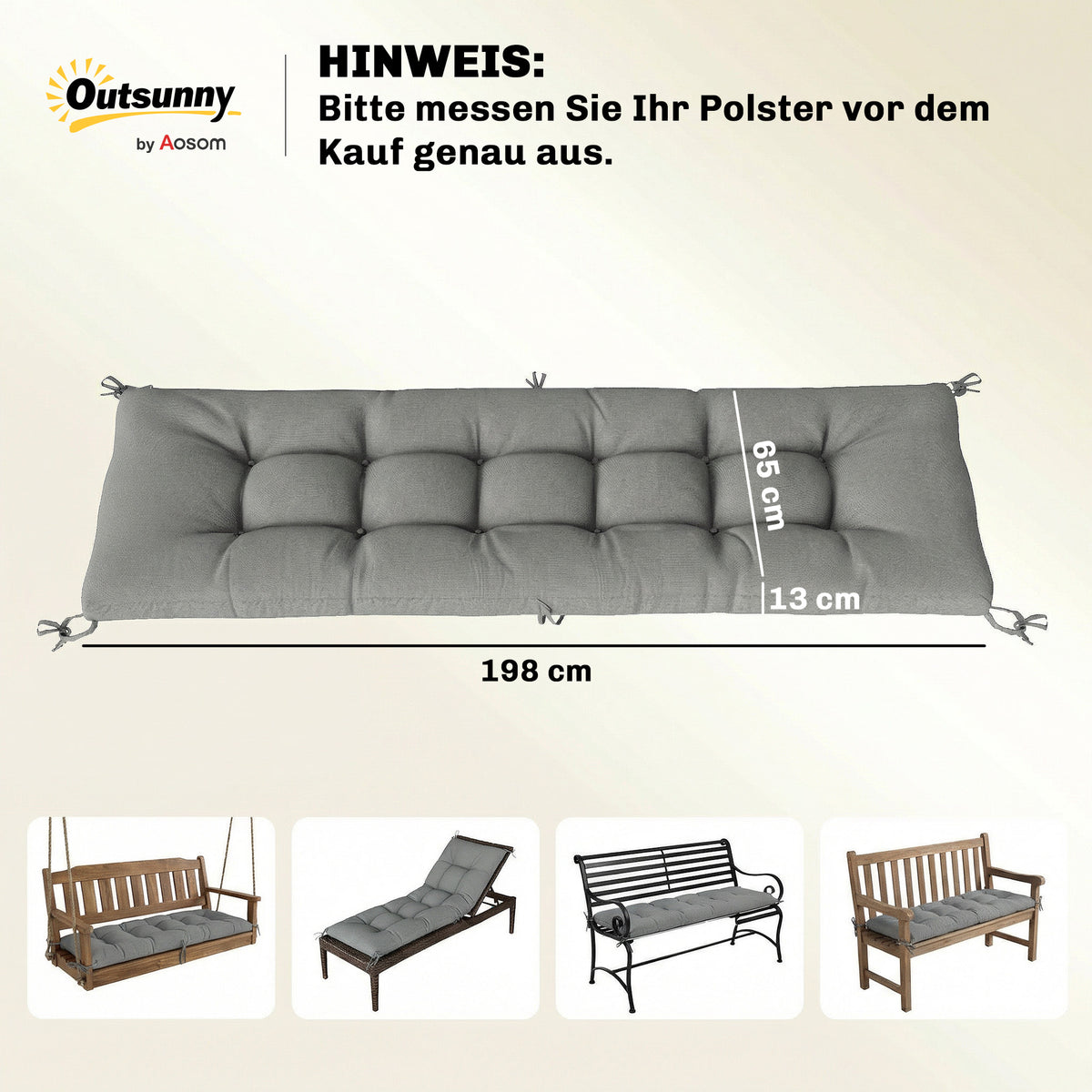 Palettenkissen Abnehmbar Sitzkissen mit Befestigungsbändern Palettenpolster für die meisten Liegen 198x65x13cm Hellgrau