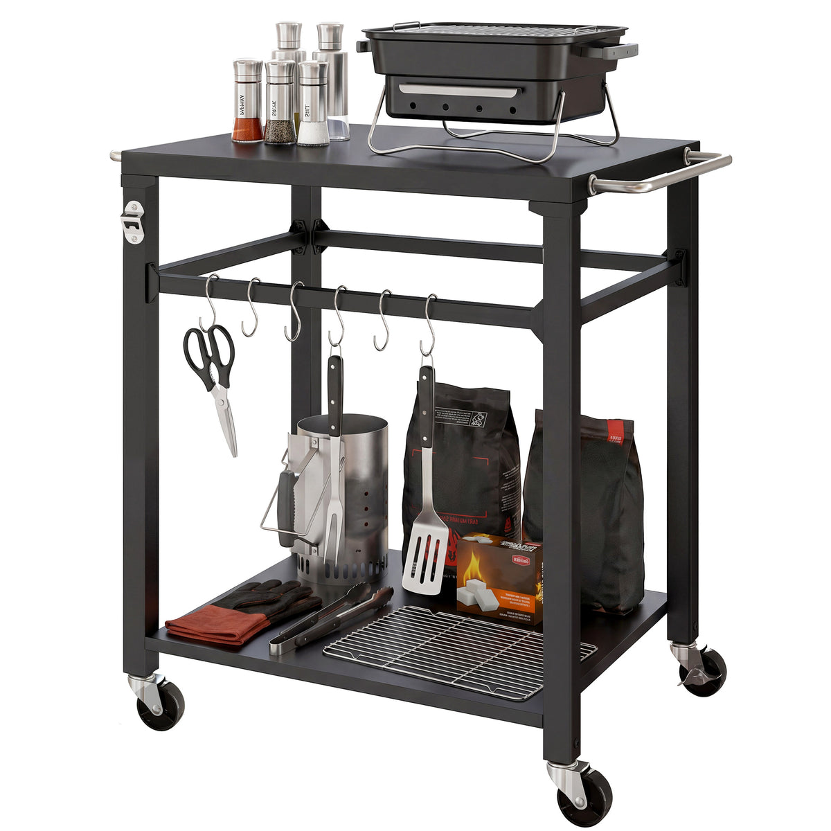 Outdoor-Grillwagen, Pizzaofen-Stand mit Metalloberfläche, 2-stufige rollende Küchenstation mit Haken und Griff, Schwarz