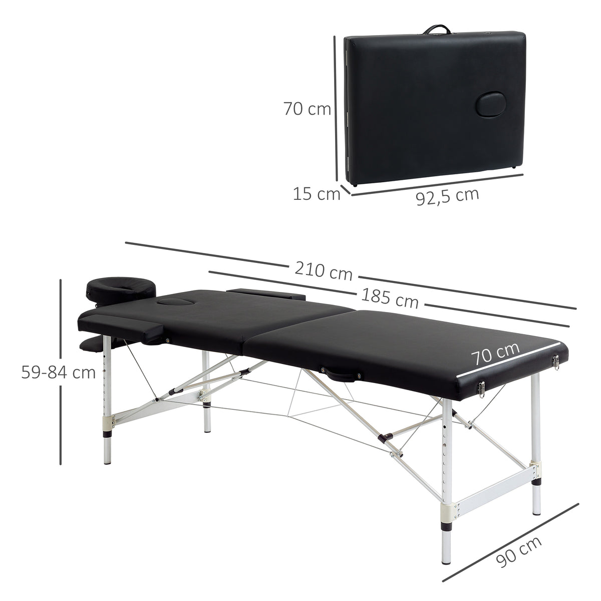 2 Section Portable Foldable Lightweight Aluminium Massage Table Couch Beauty Bed with FREE Carry Bag Black