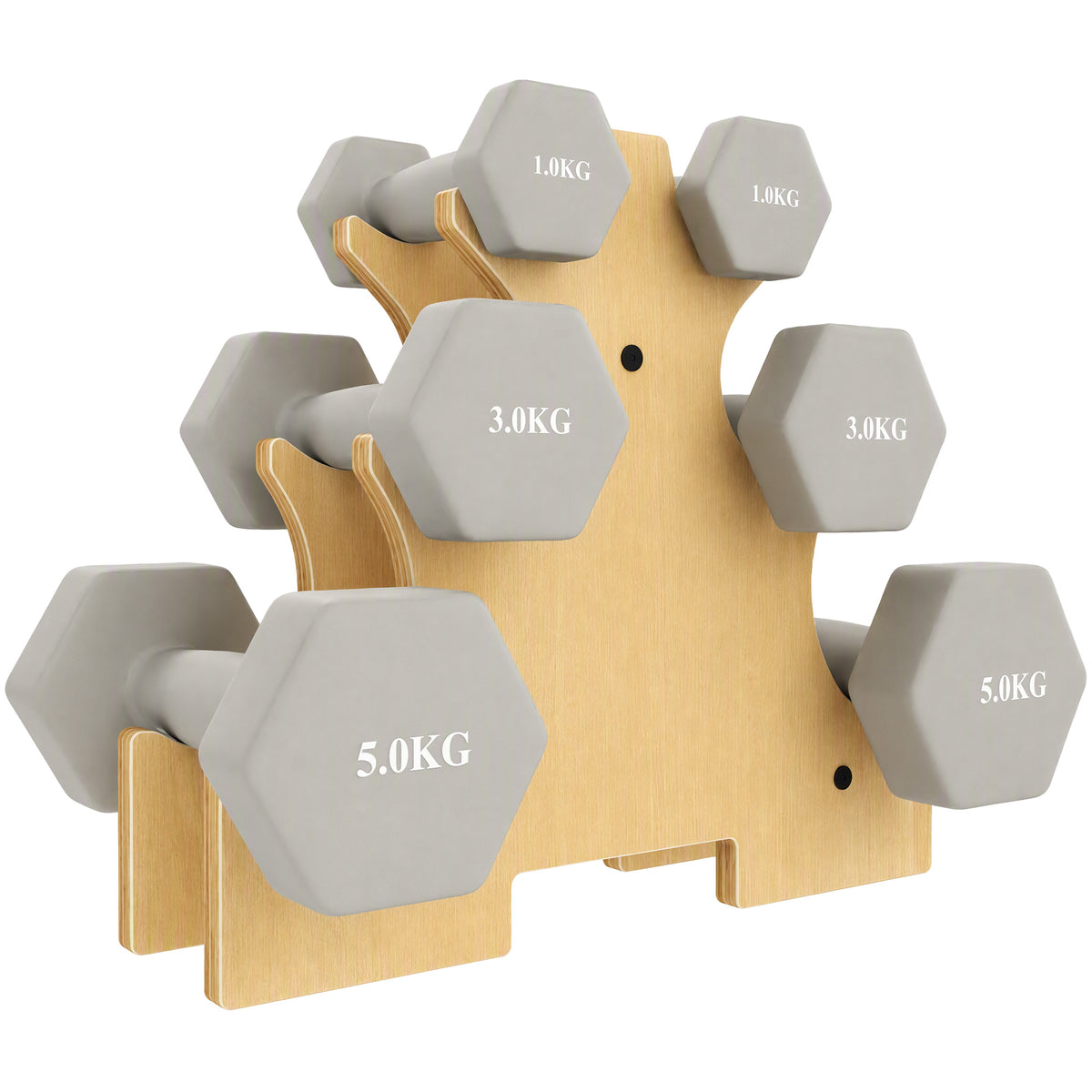 Hanteln Set 3 Paar 1kg 3kg 5kg Kurzhanteln mit Holzständer, rutschfeste Griff, Gusseisen Hexagon Hellgrau