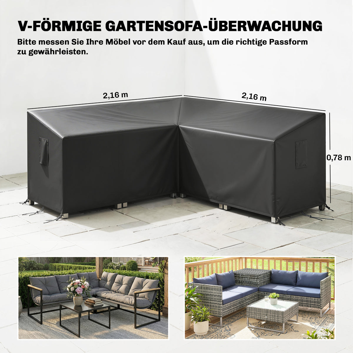 V-Shaped Patio Furniture Cover, Waterproof Outdoor V-Shaped Sectional Sofa Cover, Anti-UV with Air Vent, Black