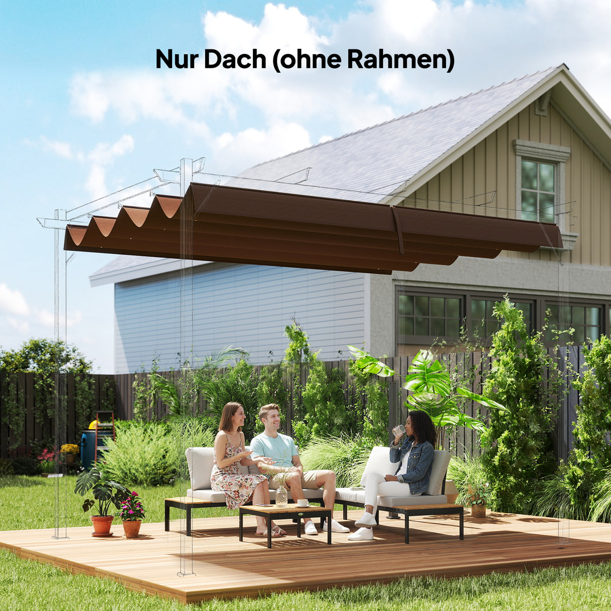 Pergola Cover Roof, 2.86 x 2.45 m Retractable Sun Shade Top for 3 x 2m Pergola Frame, UV30+ Protected, Coffee