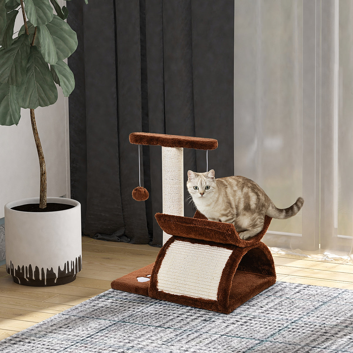  Cat Tree, Cat Tower for Kittens with Rotatable Top Bar, Sisal Scratching Post, Tunnel, Dangling Balls - Brown