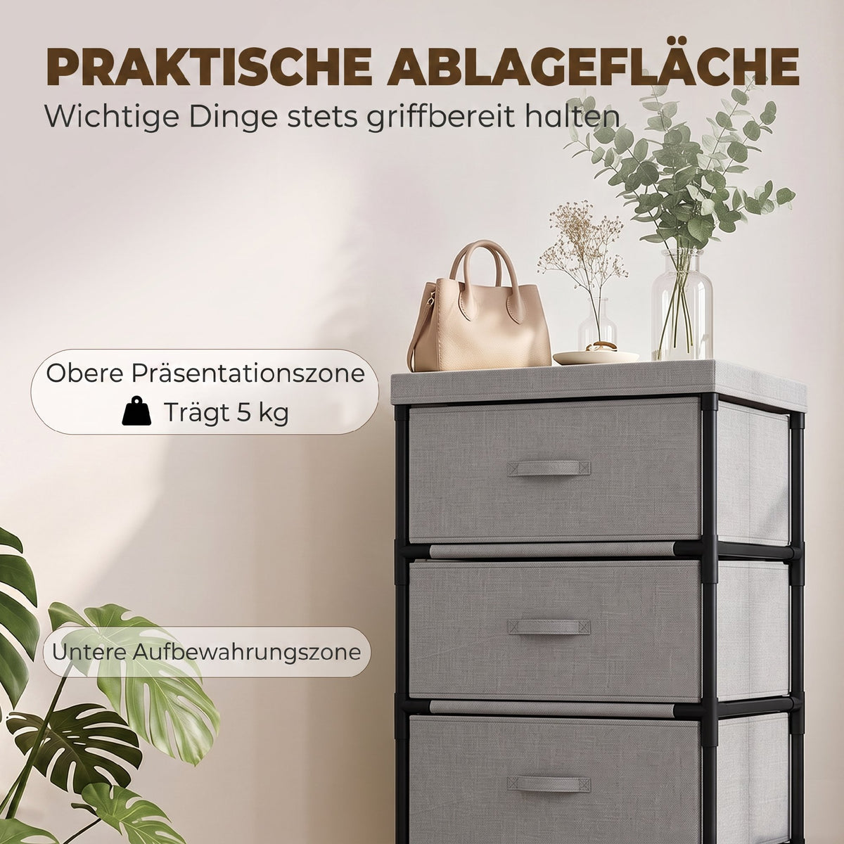 Kommode mit Stahlrahmen und 4 Schubladen, 42 x 32 x 80 cm, Grau/Schwarz