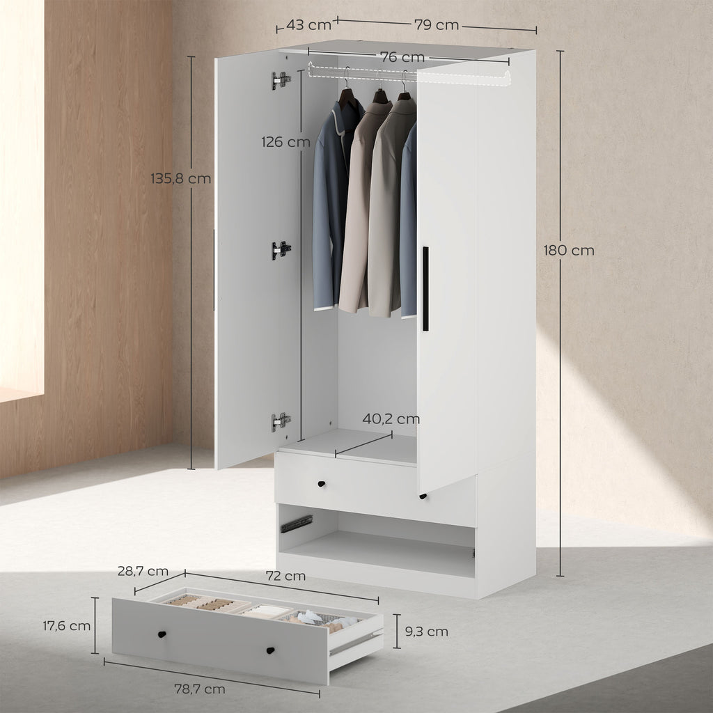 Kleiderschrank, 2 T¨¹ren, H?ngebereich, Kleiderstange, 2 Schubladen, MDF, Wei?