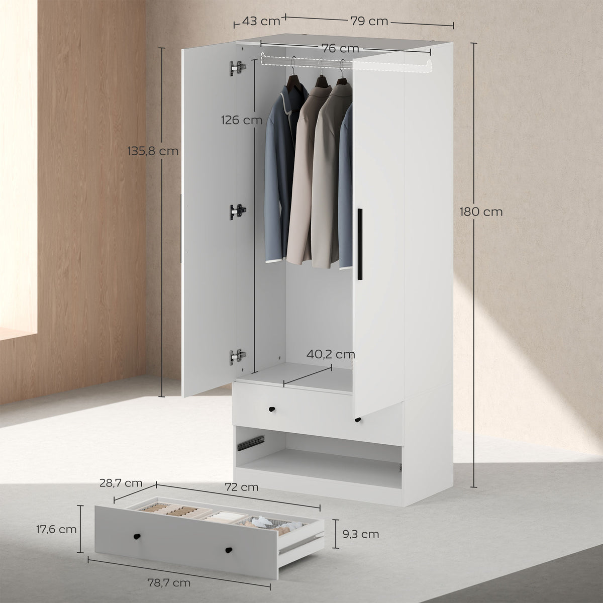 Kleiderschrank, 2 T¨¹ren, H?ngebereich, Kleiderstange, 2 Schubladen, MDF, Wei?