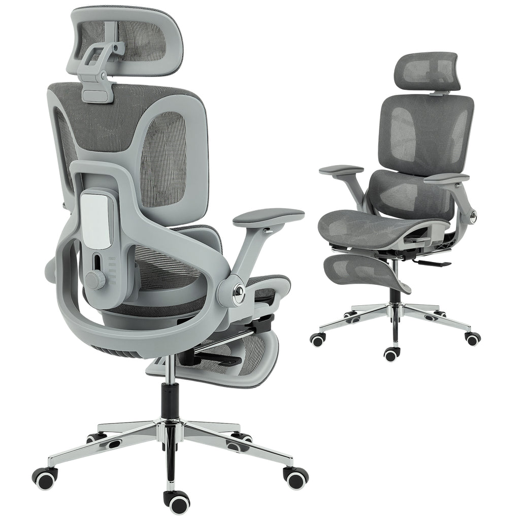 Ergonomischer Bürostuhl, Mesh-Computersessel mit separatem Rücken, Lendenstütze, 4D klappbare Armlehnen, Grau