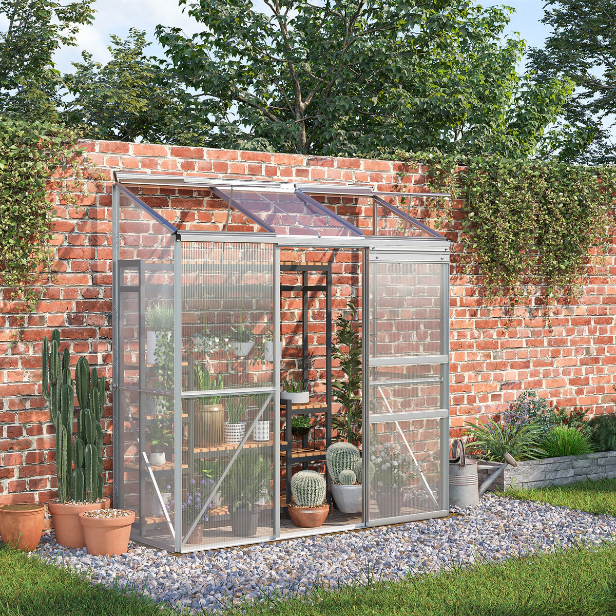 Anlehngewächshaus, Schiebetür, Dachfenster, Polycarbonat+Aluminium, Farbe: Silber, 192 x 68 x 196 cm