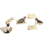 4PCs Wall-Mounted Cat Shelves w/ Scratching Post, Hammock, Nest - Beige