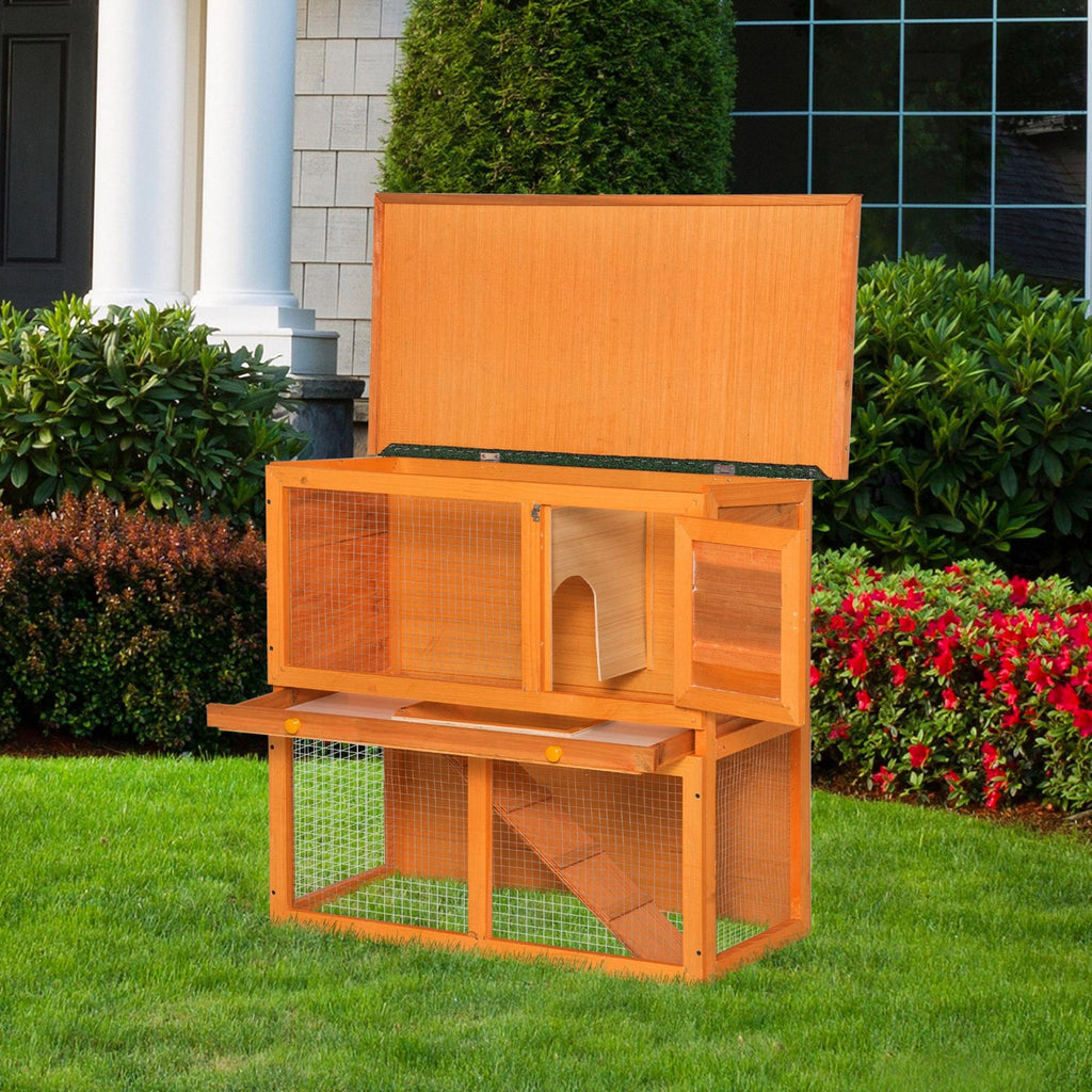 Two-Tier Rabbit Hutch, Wooden Outdoor Pet Cage, with Opening Top
