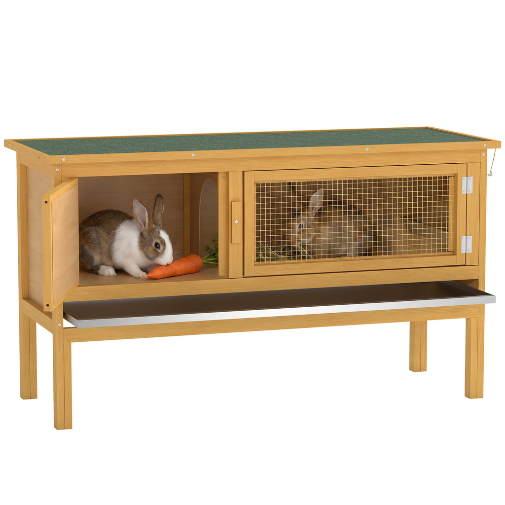 Hasenstall Kaninchenstall aus Holz mit aufklappbarem Dach, 2 Türen, auslaufsicherer Schale, 115x44,3x65 cm Hellgelb