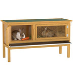 Hasenstall Kaninchenstall aus Holz mit aufklappbarem Dach, 2 Türen, auslaufsicherer Schale, 115x44,3x65 cm Hellgelb