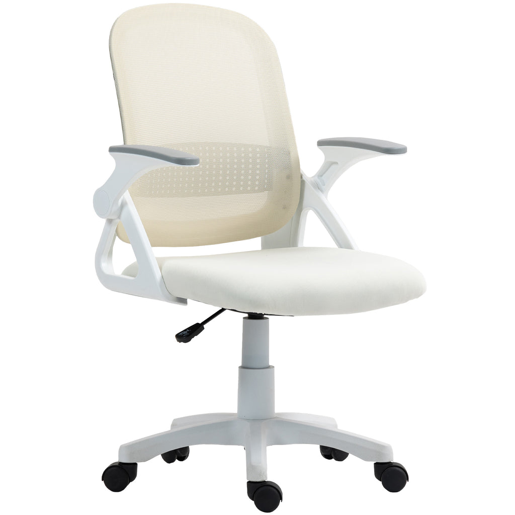 Atmungsaktiver Mesh-Bürostuhl, Ergonomischer Drehstuhl mit klappbaren Armlehnen und Lendenwirbelstütze, Weiß
