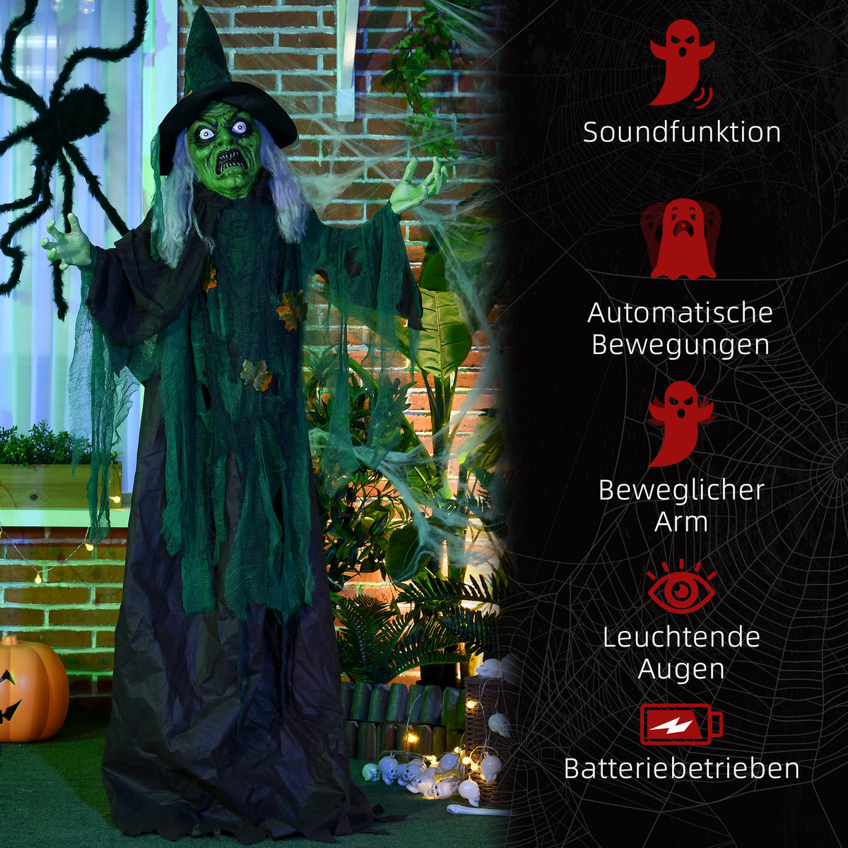 6ft Halloween Witch Decoration, Outdoor Activated Prop with Light Up Eyes Magical Heart, Sound Activated