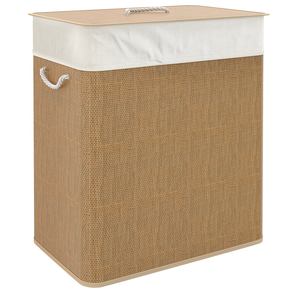 2 Section Laundry Basket with Lid, 100L Bamboo Laundry Hamper with Handles, Removable and Washable Liner, Brown