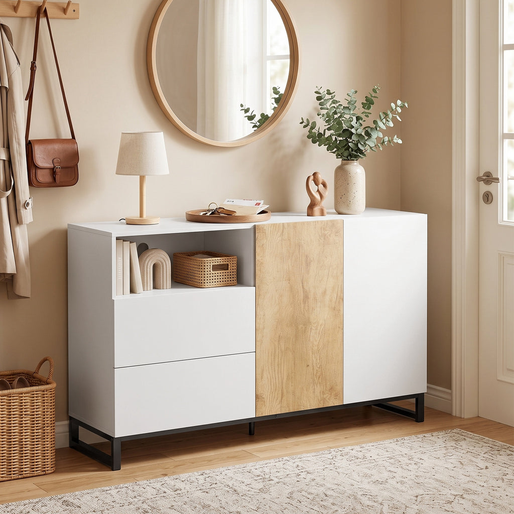 Sideboard Moderner Aufbewahrungsschrank mit 2 Soft-Close-Türen und 2 Schubladen 140x40x85 cm, Weiß