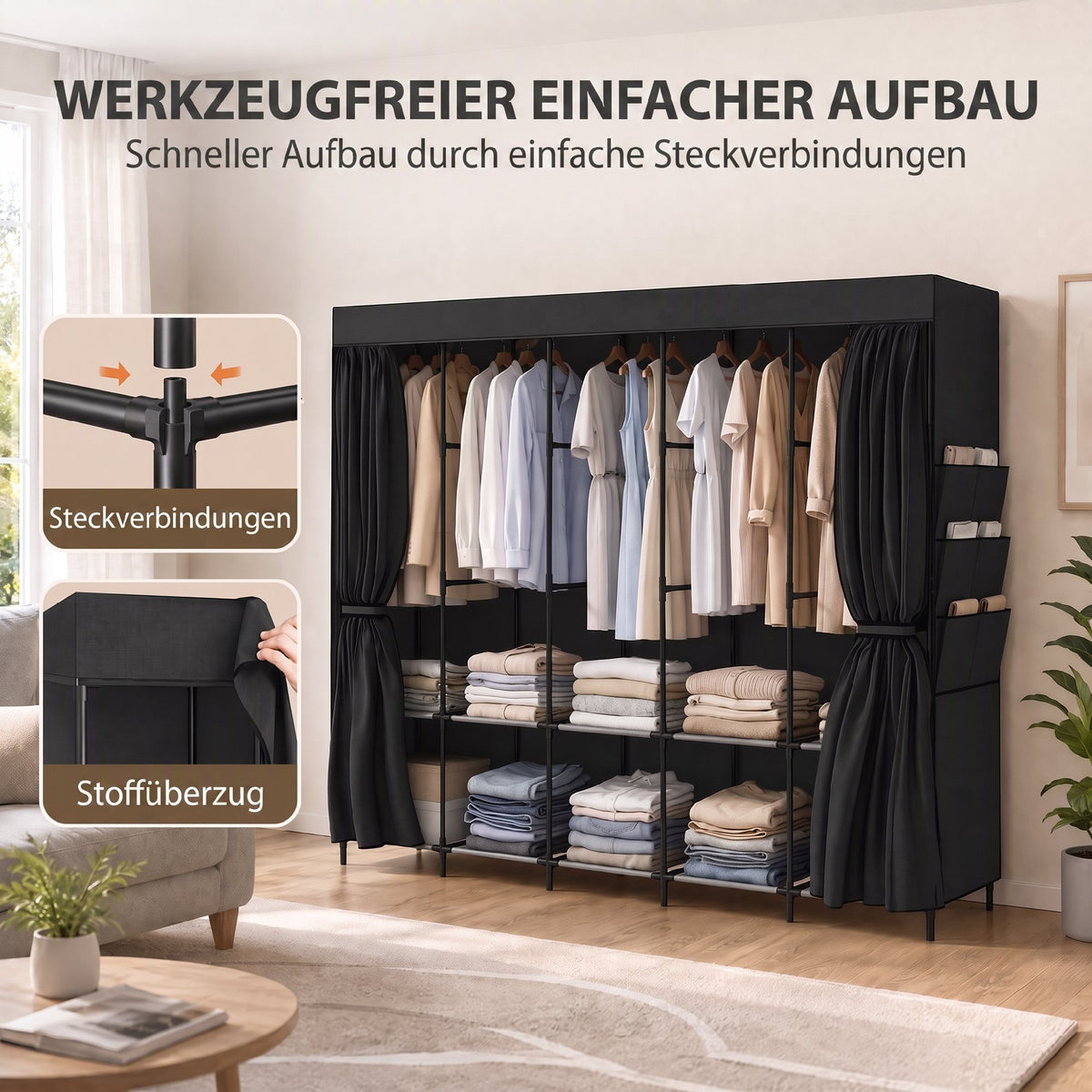 Stoff-Kleiderschrank, staubdicht, tragbar, 5 Kleiderstangen, 212 x 45 x 167 cm, Schwarz
