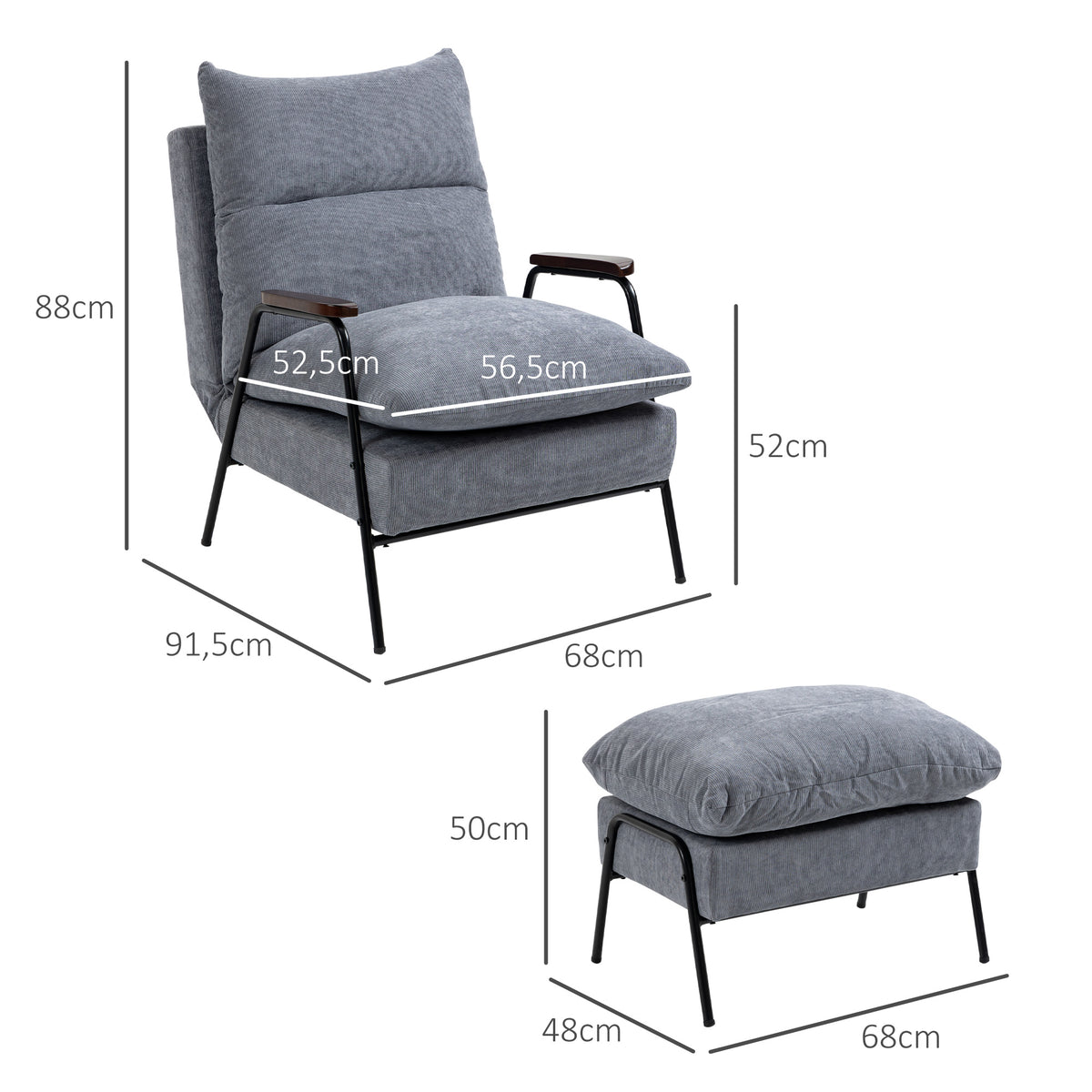 Sessel mit Ottomane Polstersessel Relaxsessel, inkl. Kissen, 68 cm x 91,5 cm x 88 cm, Hellgrau