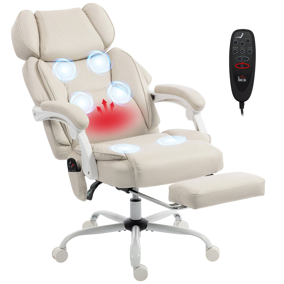 Hochlehner-Bürostuhl mit Vibrationsmassage und Heizung, ergonomisch, neigbar, mit Fußstütze, Cremeweiß