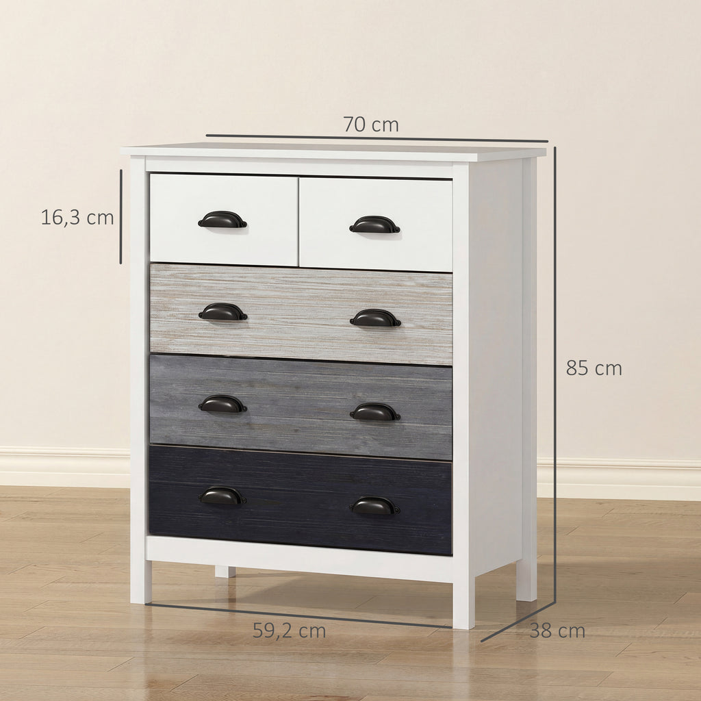 Sideboard, Kommode, 5 Schubladen, lackierte Oberfl?che, MDF & Kiefernholz, 70 x 38 x 85 cm, Wei?