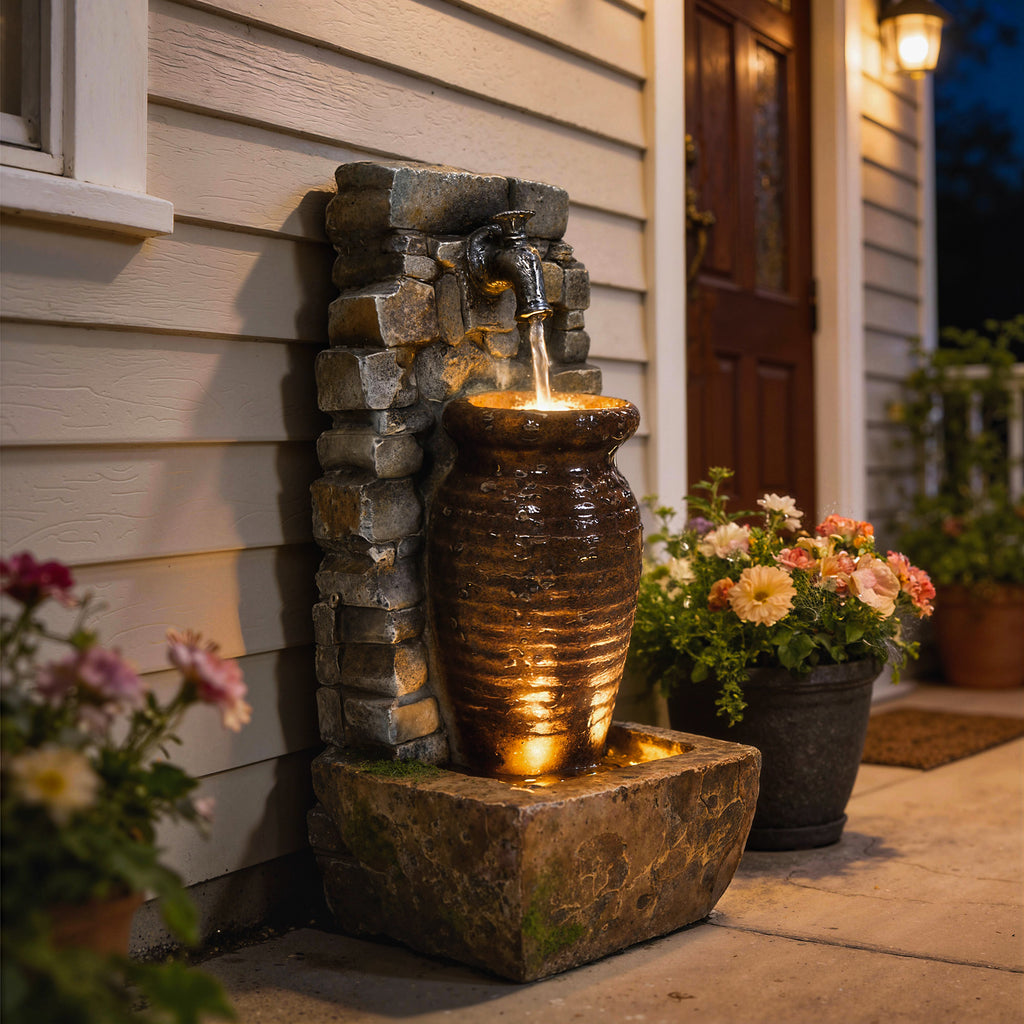 Gartenbrunnen mit einstellbarem Wasserfluss und 3-stufiger rustikaler Steinwand im Krugdesign