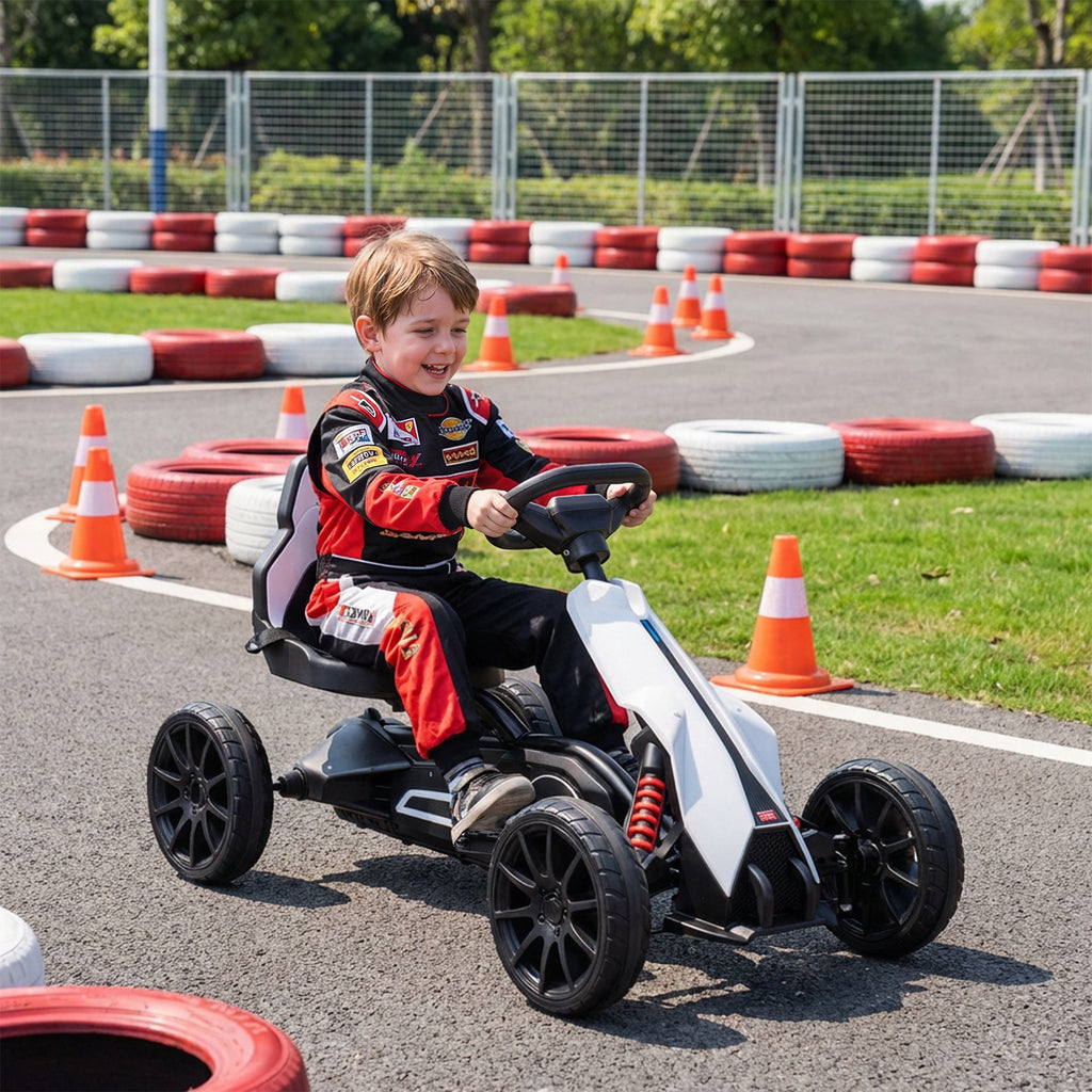 Go-Kart für Kinder, Elektro-Kart, bis 5 km/h, Sicherheitsgurt, Sitz mit Rückenlehne, Kunststoff, Metall, Weiß