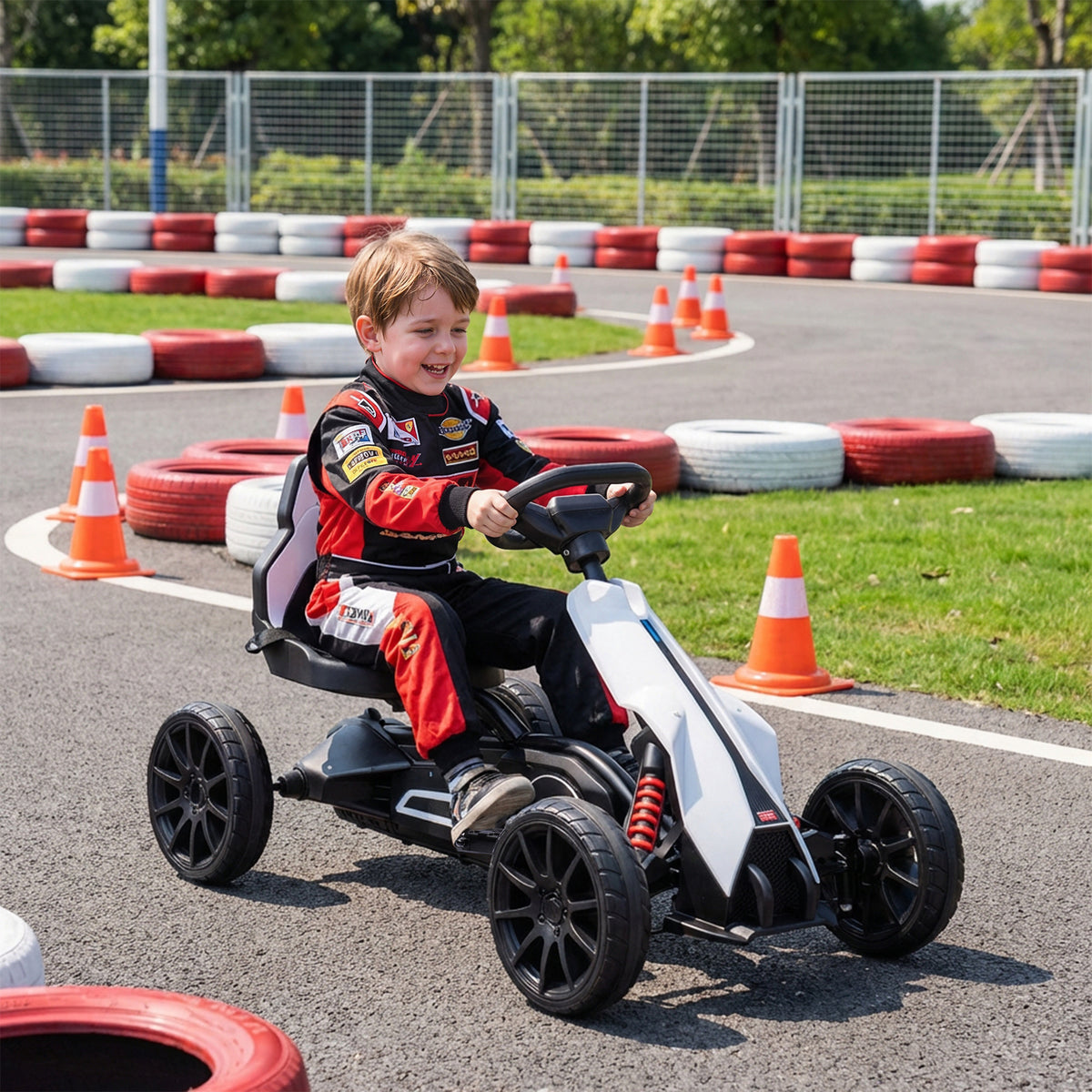 Go-Kart für Kinder, Elektro-Kart, bis 5 km/h, Sicherheitsgurt, Sitz mit Rückenlehne, Kunststoff, Metall, Weiß