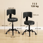 Rollhocker, höhenverstellbarer Salonstuhl aus PU-Leder mit Polstersitz, Rückenlehne und Rollen, Schwarz