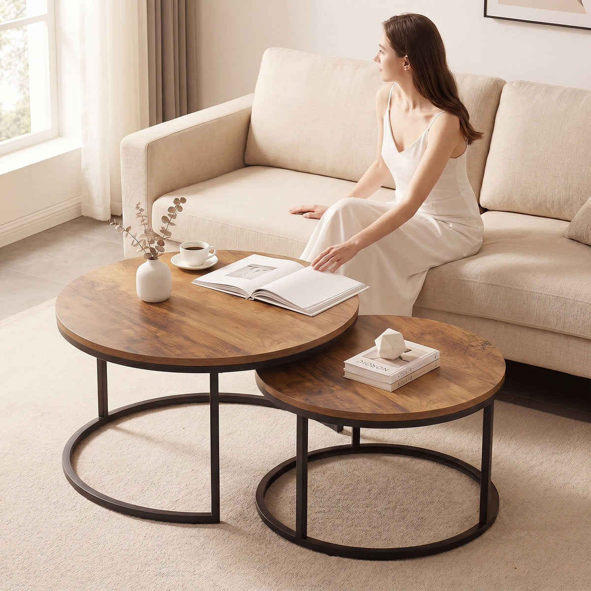Rundes Couchtisch-Set, 2-teilig, Industrielle Beistelltische mit Metallrahmen für Wohnzimmer und Schlafzimmer, Braun