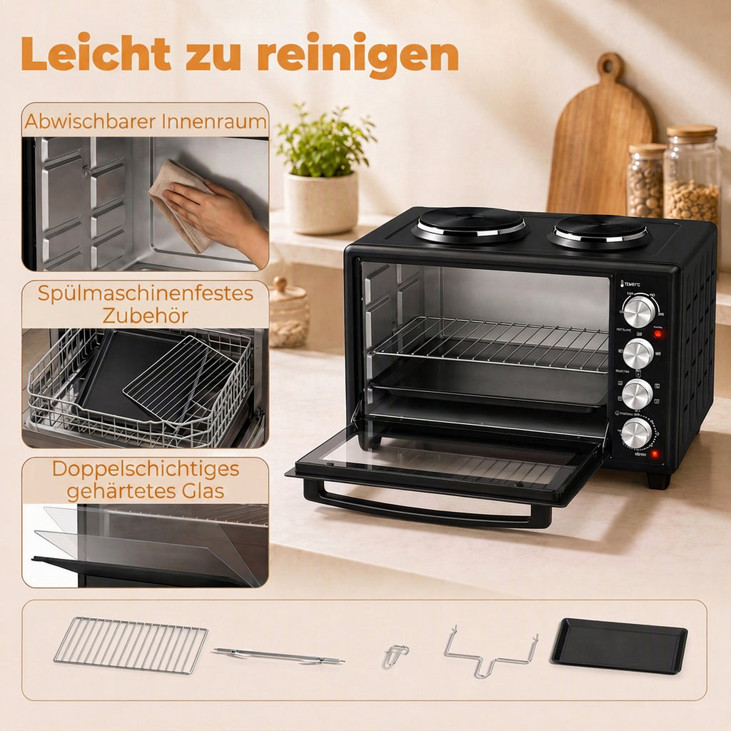 36L Mini-Backofen mit 2 Kochplatten, elektrischer Tischbackofen mit Umluft, 90–230 °C