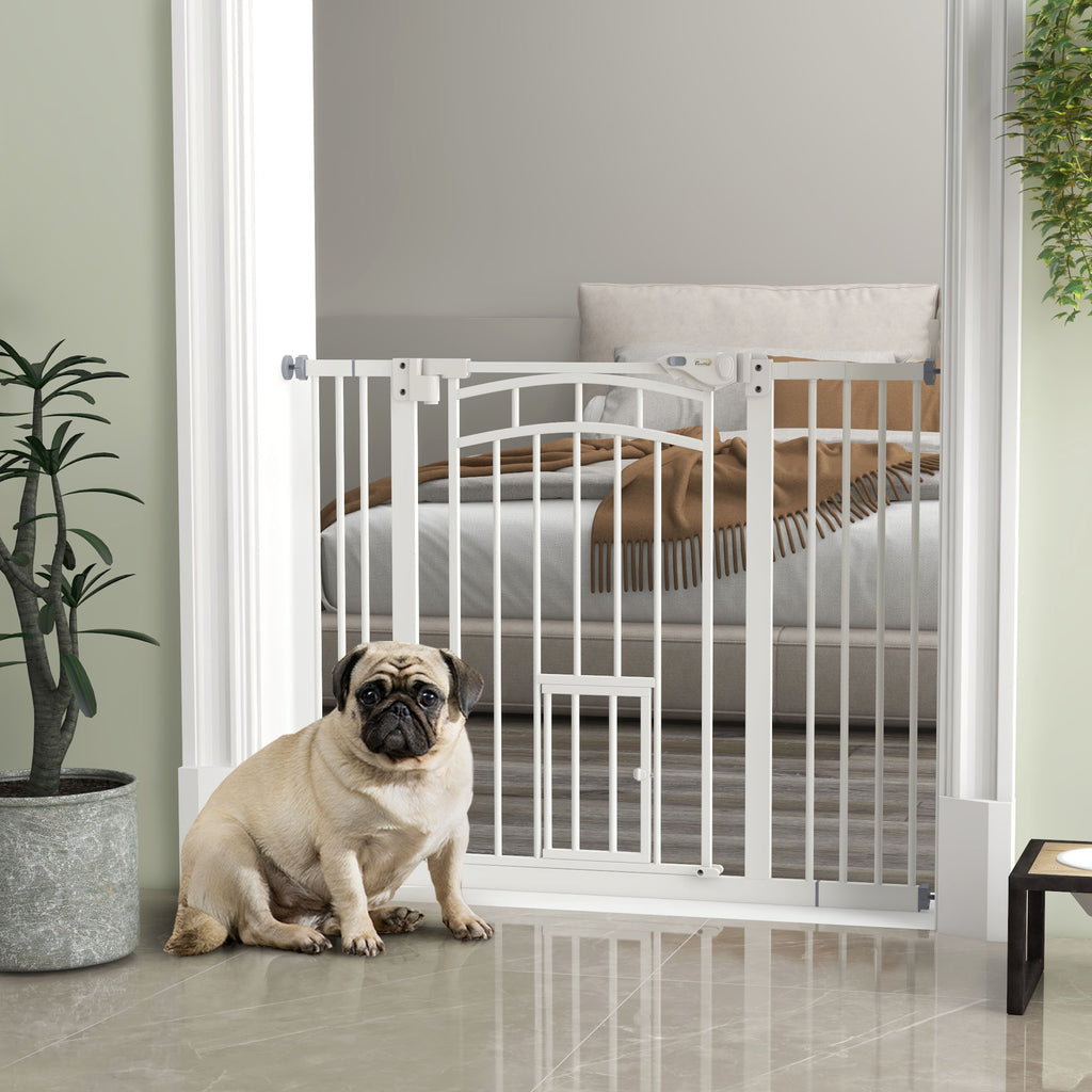 Pressure Fit Stair Dog Gate w/ Small Cat Door, Automatic Closing Door, Double Locking, for 74-100cm Openings - White