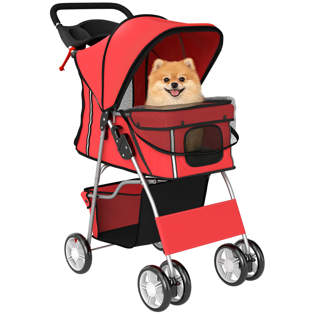 Dog Pram, Pet Stroller with Reflective Strips, Foldable Cat Stroller with 360° Swivel Wheels, Red