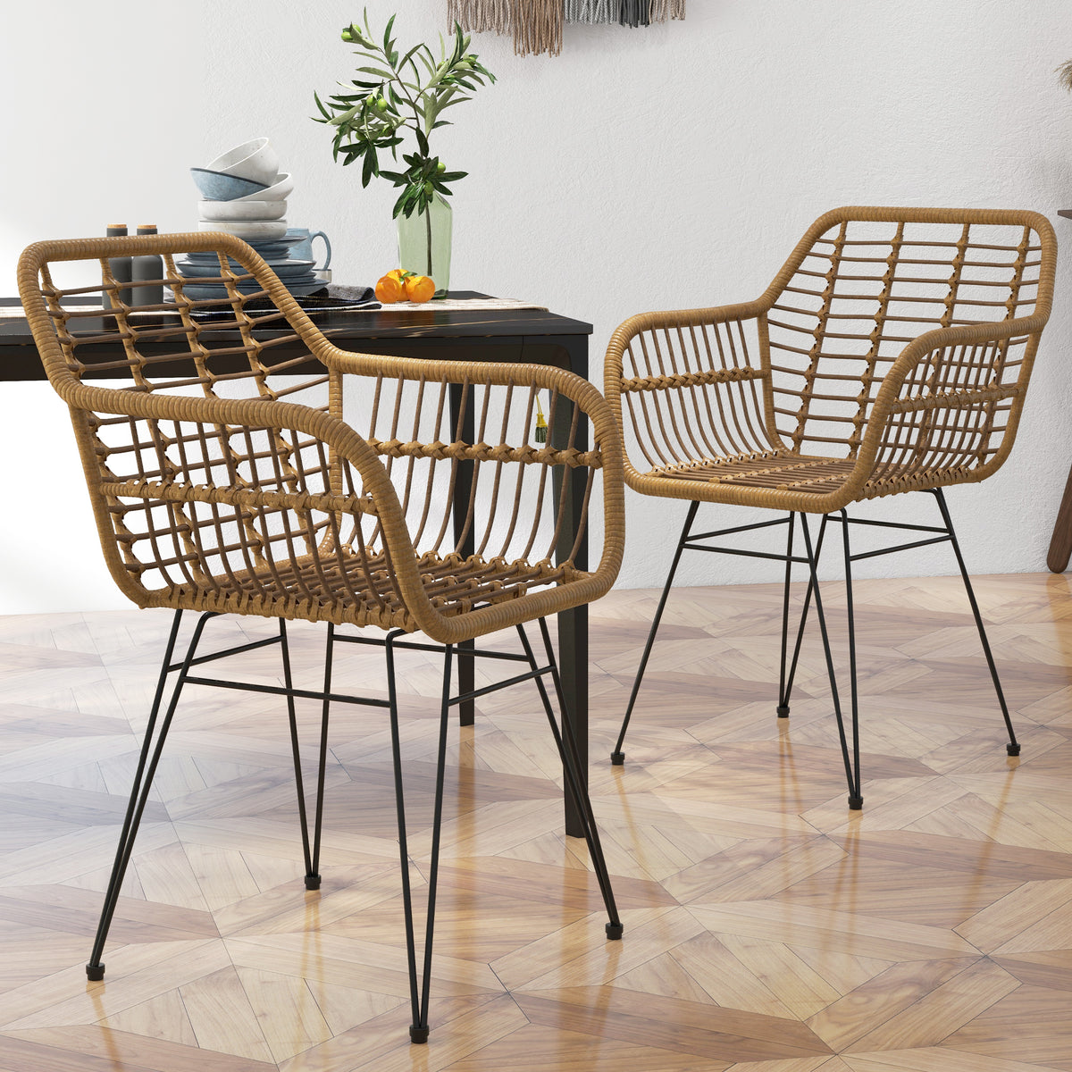 2-er-Set Stühle im Boho-Stil, Küchenstühle, PE-Rattan, 56 x 60 x 79 cm, Natur + Schwarz