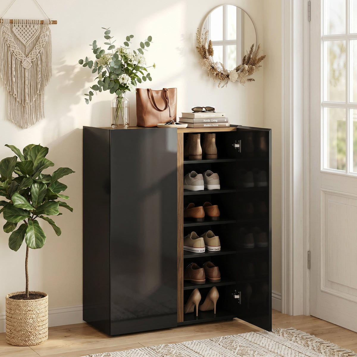 Schuhschrank mit leiser Sicherheitsöffnung, 6 Ebenen, grifflose Design, Hochglanz Schwarz