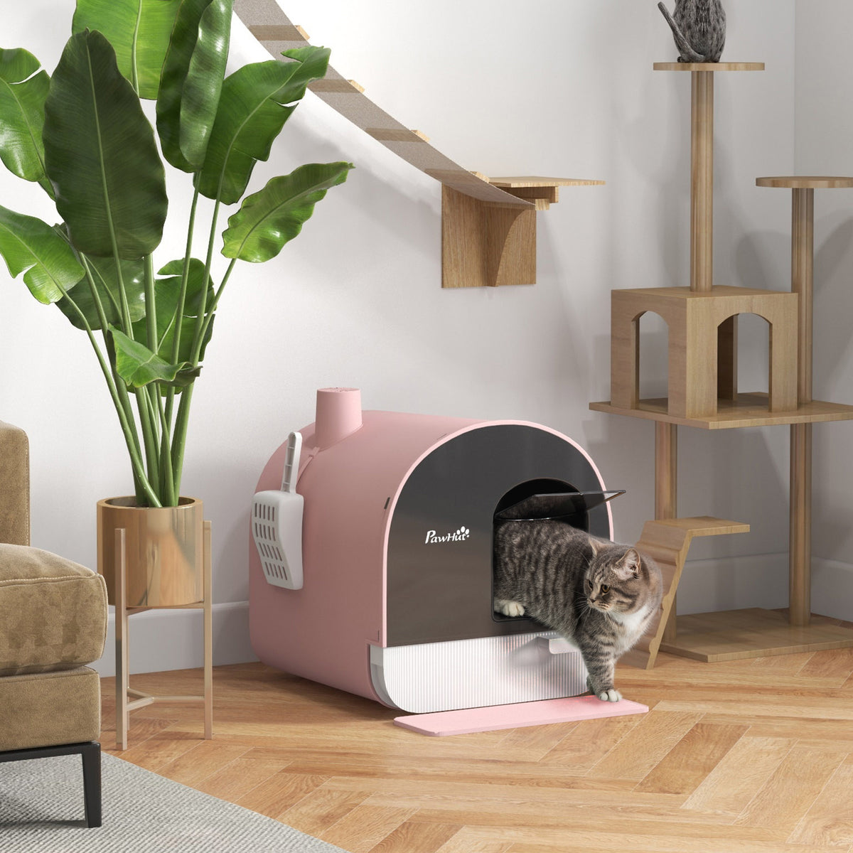 Hooded Cat Litter Box, Kitten Litter Tray, with Lid, Scoop, Filter, Flap Door, Pink