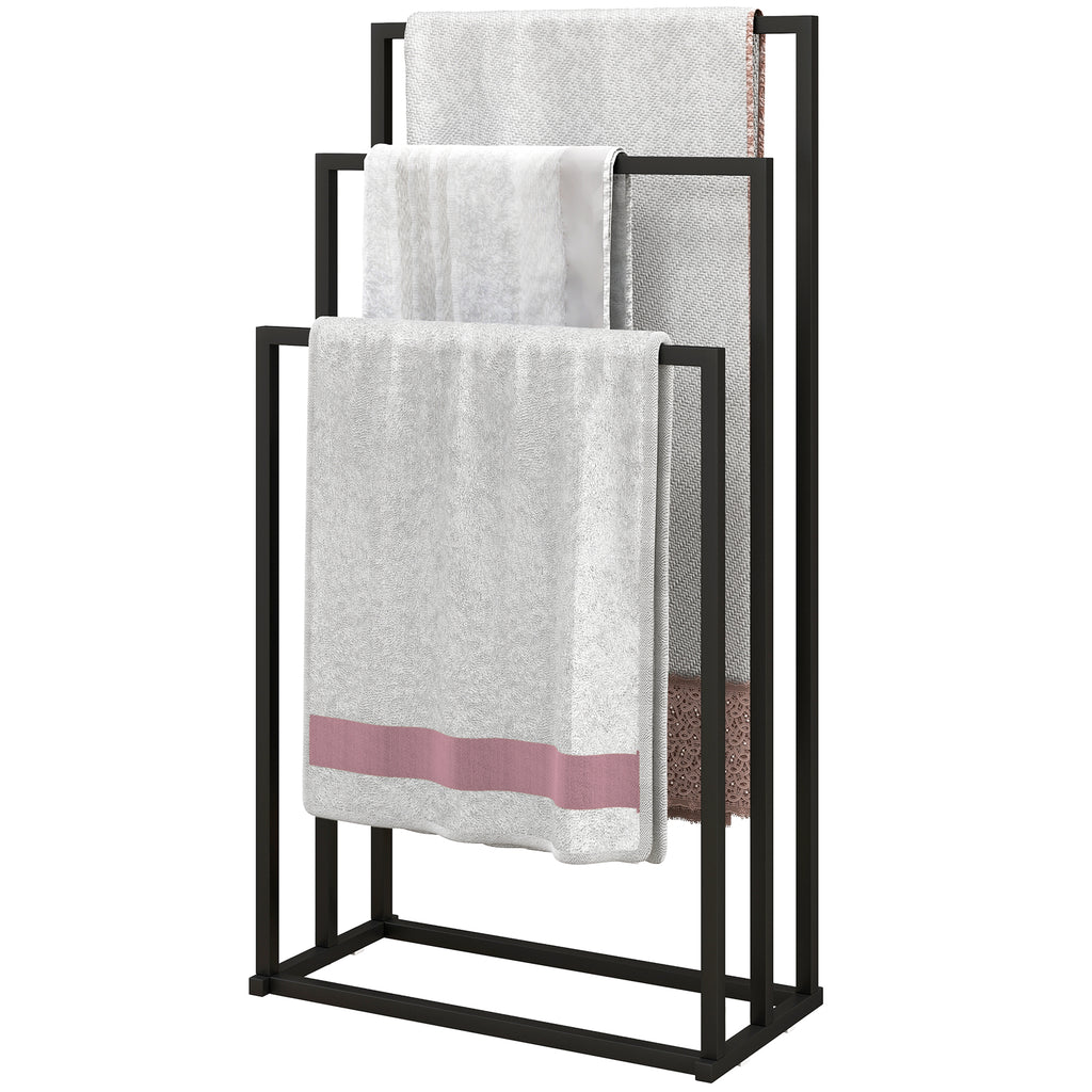 Freestanding Towel Rack, Steel Towel Rail Holder with 3 Bars, Black
