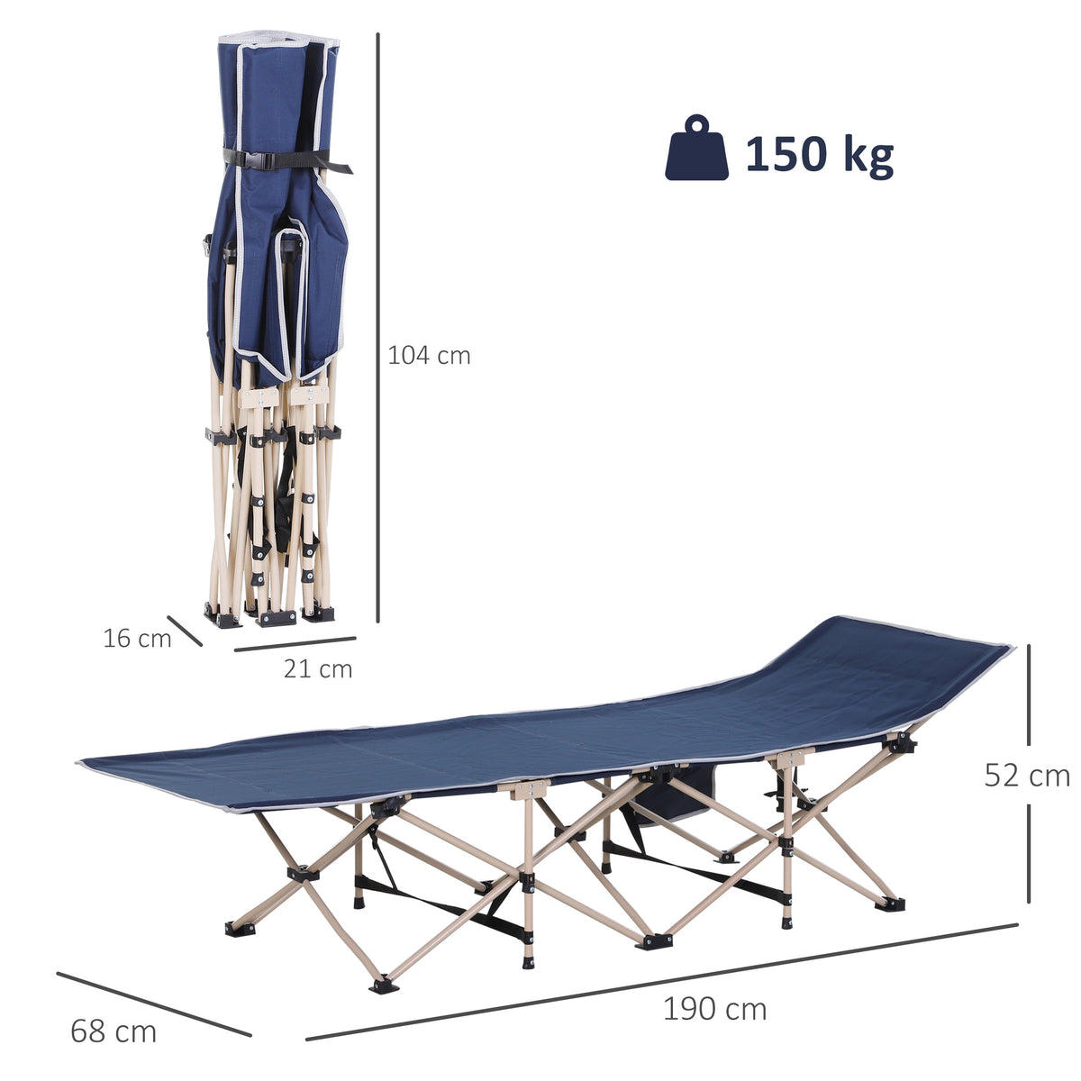 Feldbett, Camping-Bett, klappbar, wetterbeständig, ink. Tragetasche, 190 cm x 68 cm x 52 cm, Blau