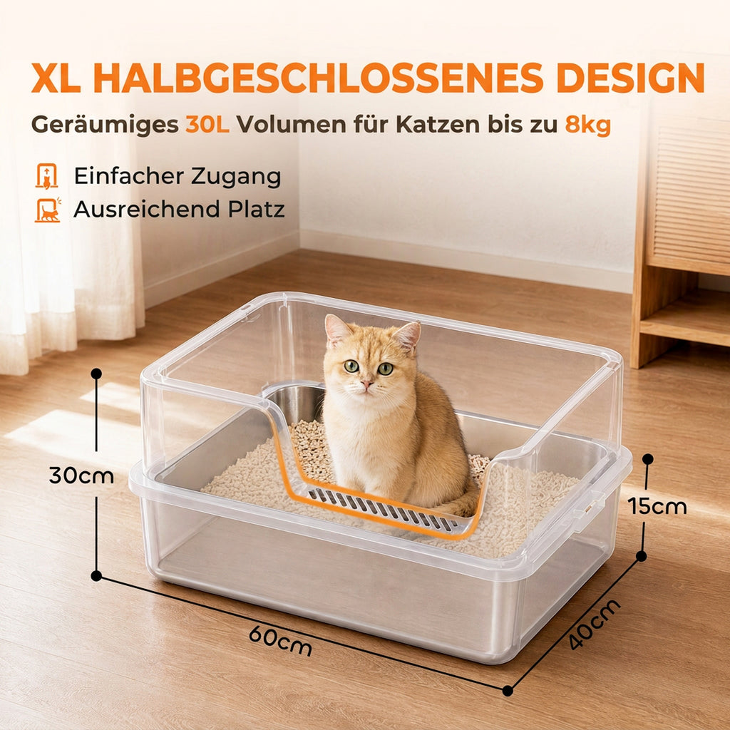 Katzentoilette XL Edelstahl mit Deckel, hohe Seitenwände Hellgrau