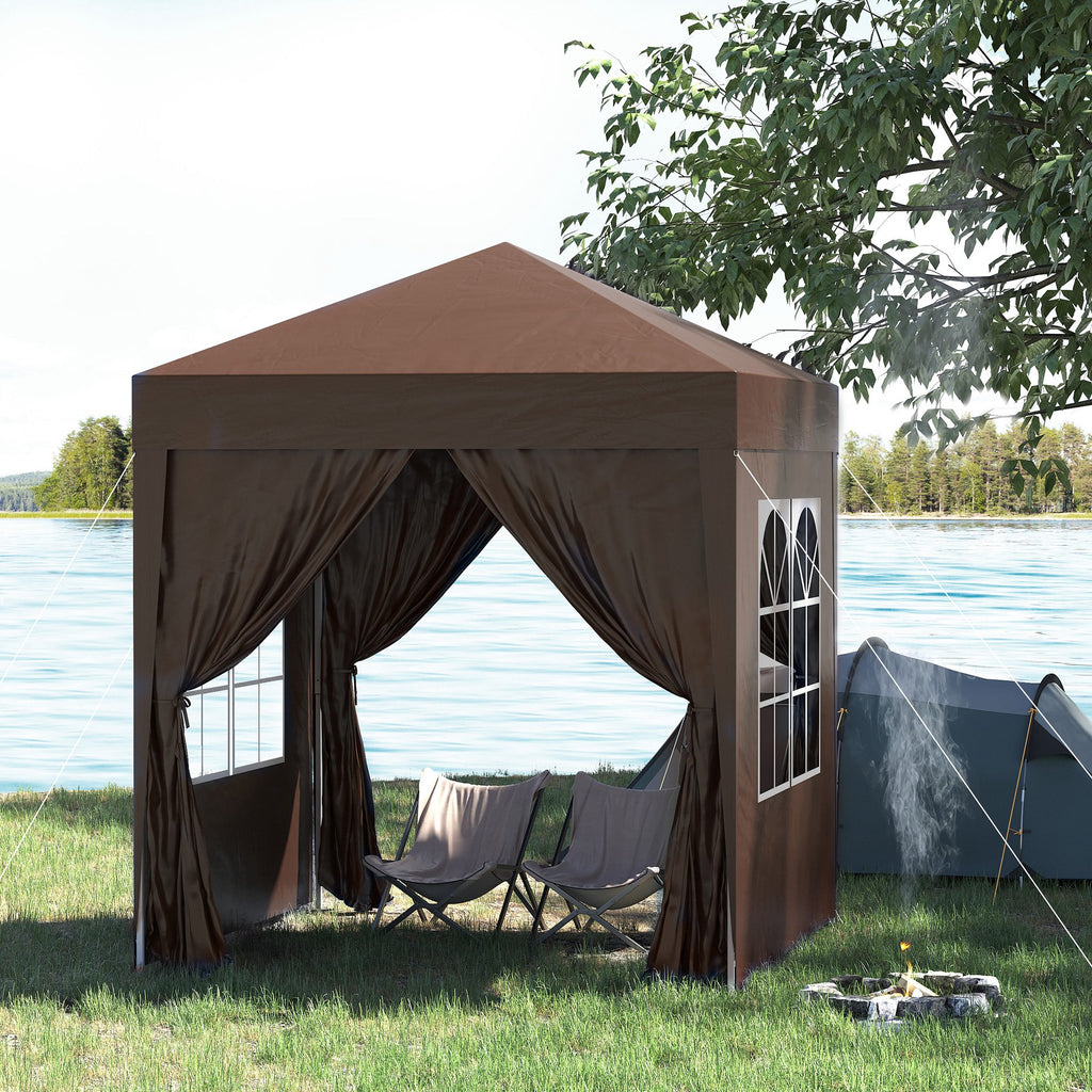 Faltpavillon, Bierzelt, 4 abnehmbare Seitenwände, 2 Fenster, Metallrahmen, 2 x 2m, Braun