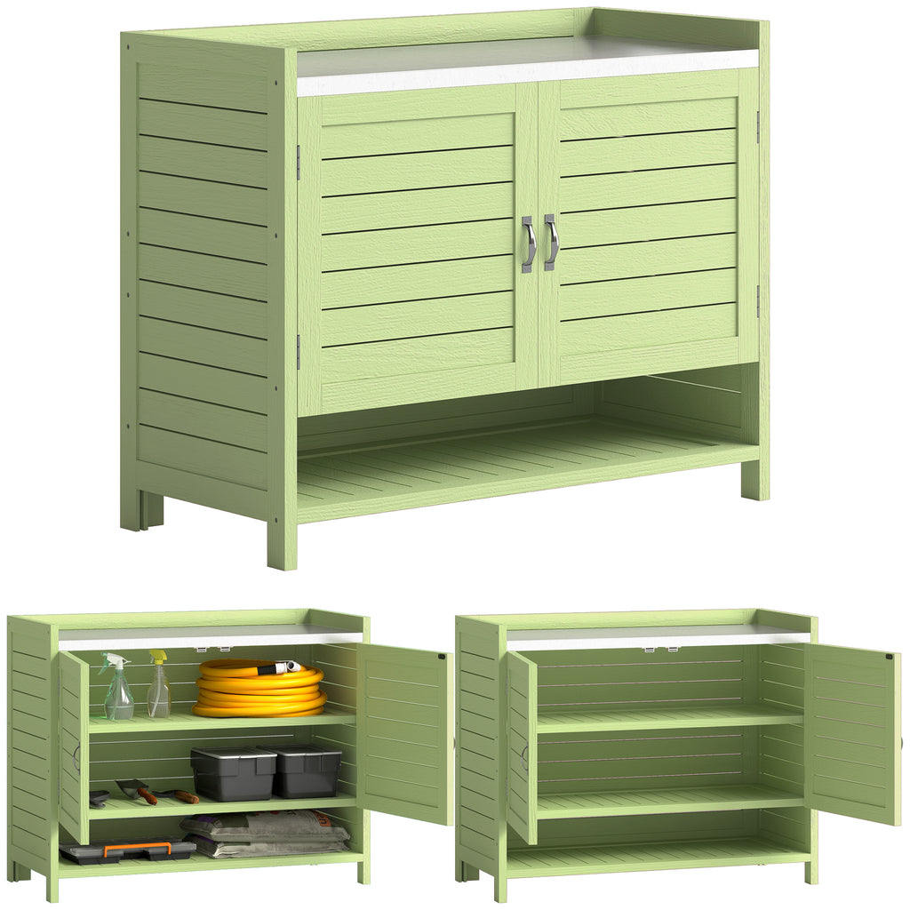 Pflanztisch mit Unterschrank aus Holz Outdoor Gartenschrank mit verzinkter Arbeitsplatte 3 Regalböden 88x40x70,5cm Grün